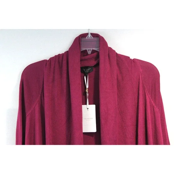 Ted Baker London Fiyyona Open Cardigan Womens size0/2 US Maroon Asymmetrical Hem - Picture 2 of 14